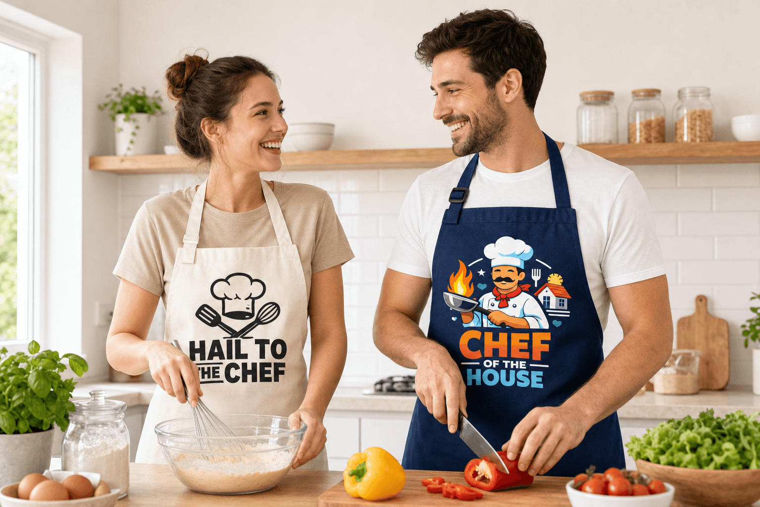 Cooking together in funny TshirtPlease aprons