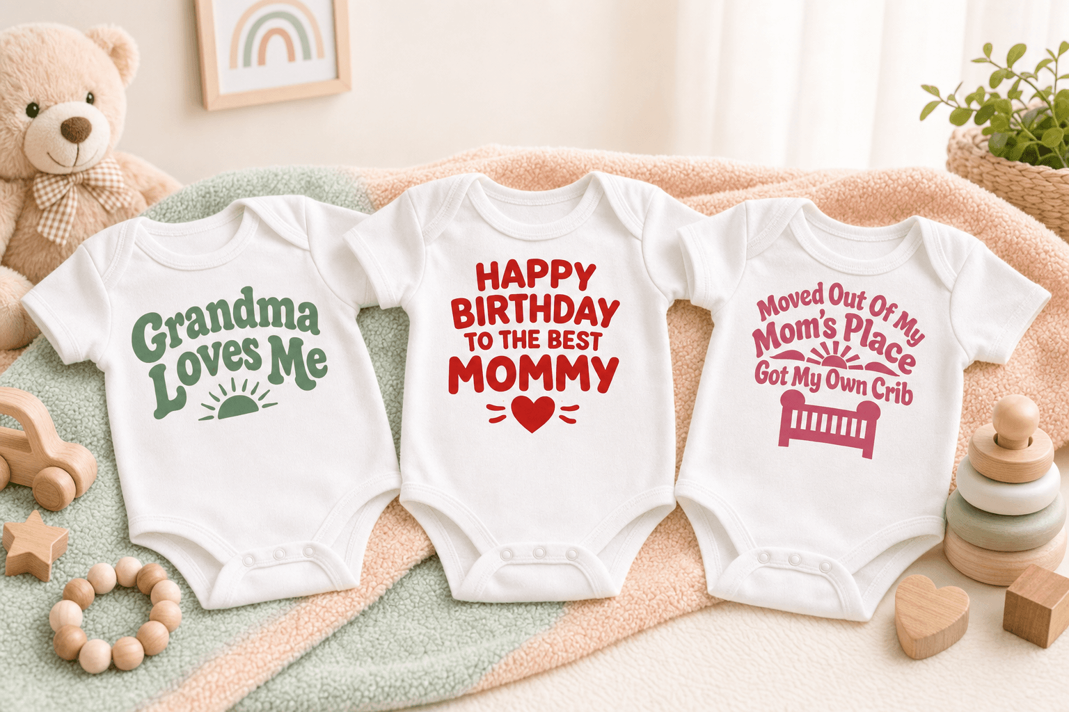 Funny baby bodysuits in a nursery
