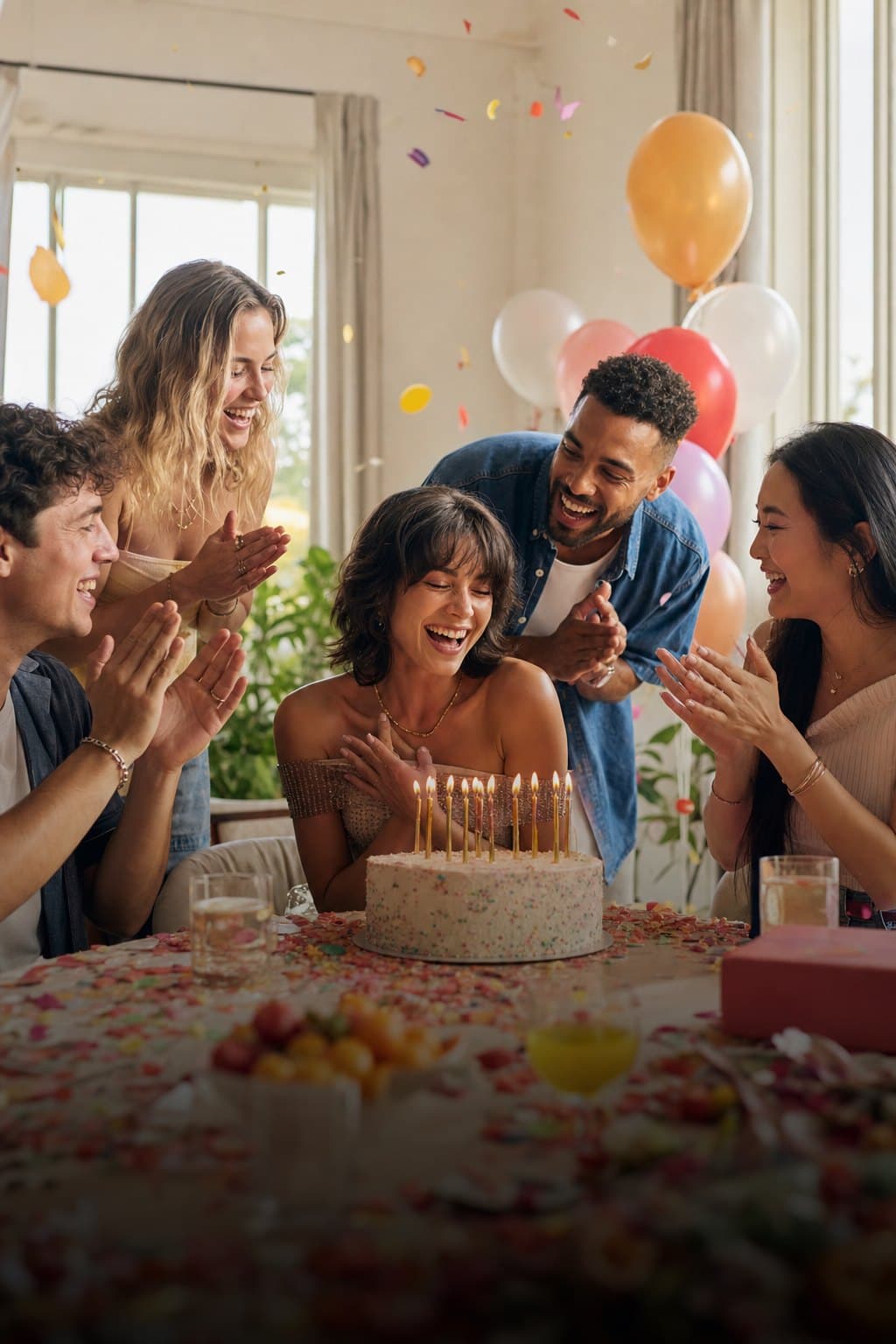 Birthday celebration with cake and balloons