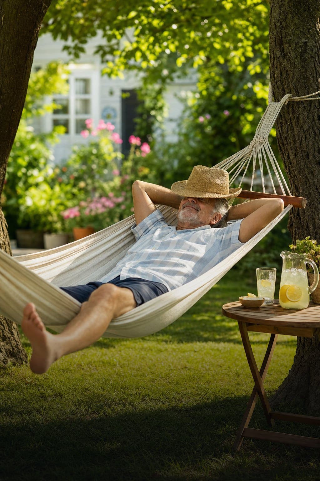 Relaxed retiree in a hammock