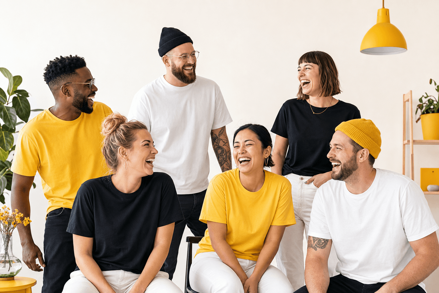 Friends laughing in Tshirt Please t-shirts