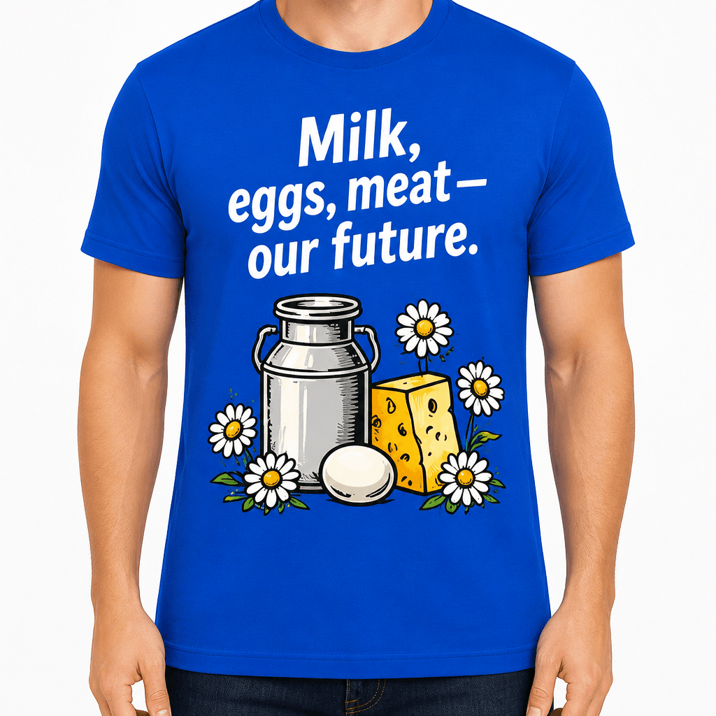 Farmer T-shirt – Milk, eggs, meat — our future.