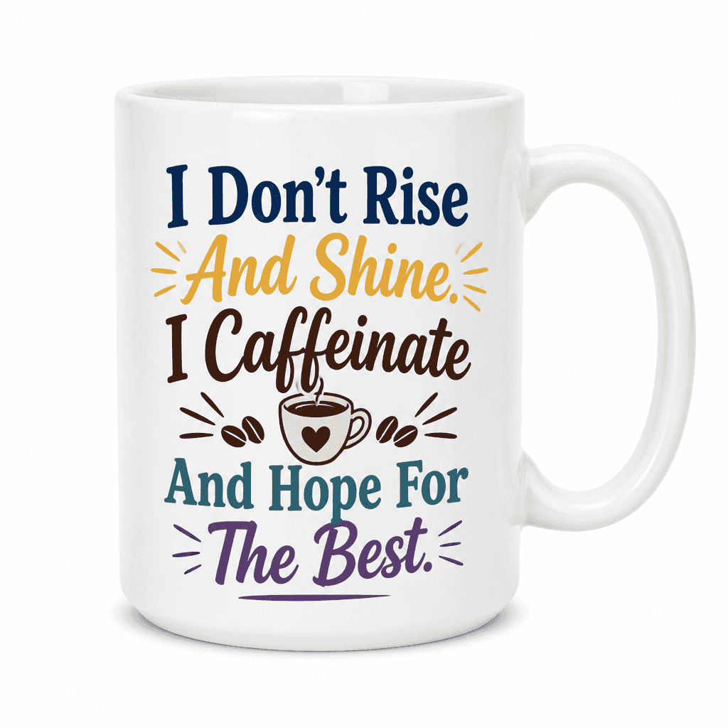 I Don't Rise And Shine. I Caffeinate And Hope For The Best. Funny Mug