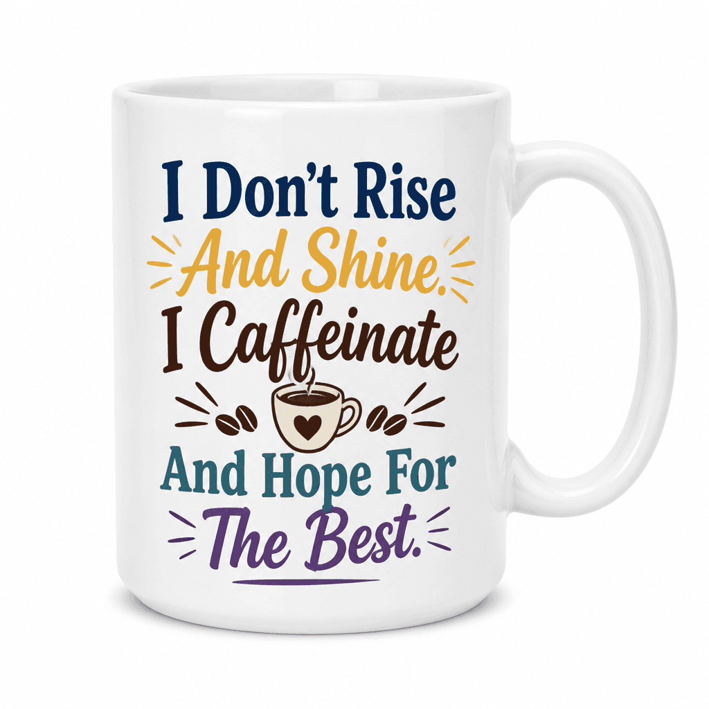 I Don't Rise And Shine. I Caffeinate And Hope For The Best. Funny Mug