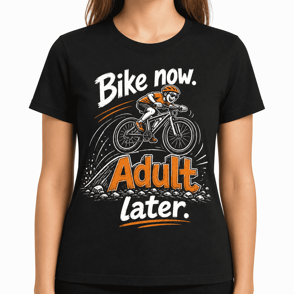 Funny Bike T-Shirt - Bike now. Adult later.