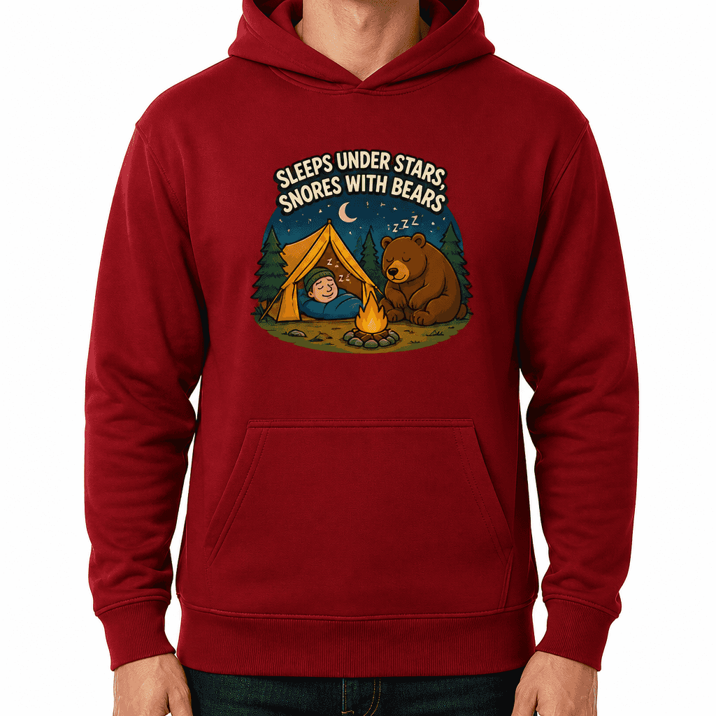 Funny Camping Hoodie - Sleeps under stars, snores with bears