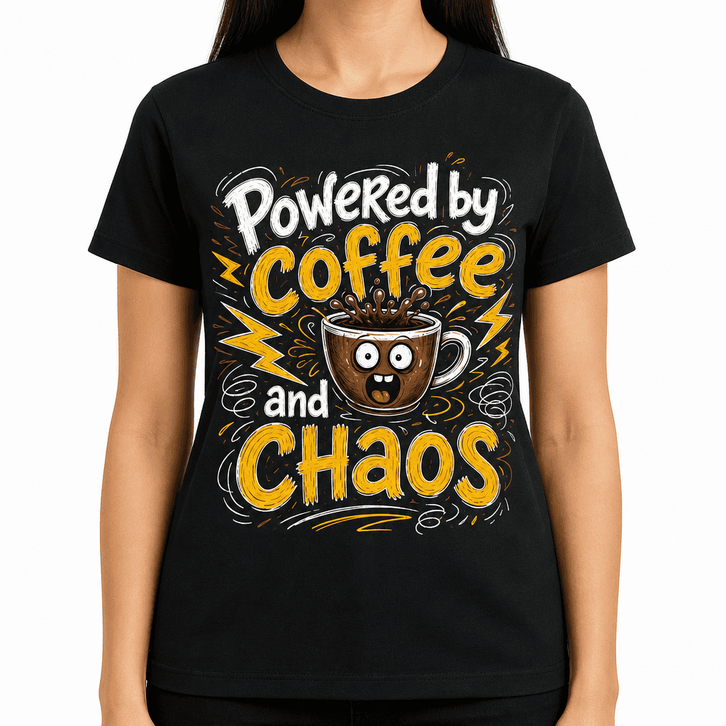 Funny Coffee T-Shirt - Powered by coffee and chaos