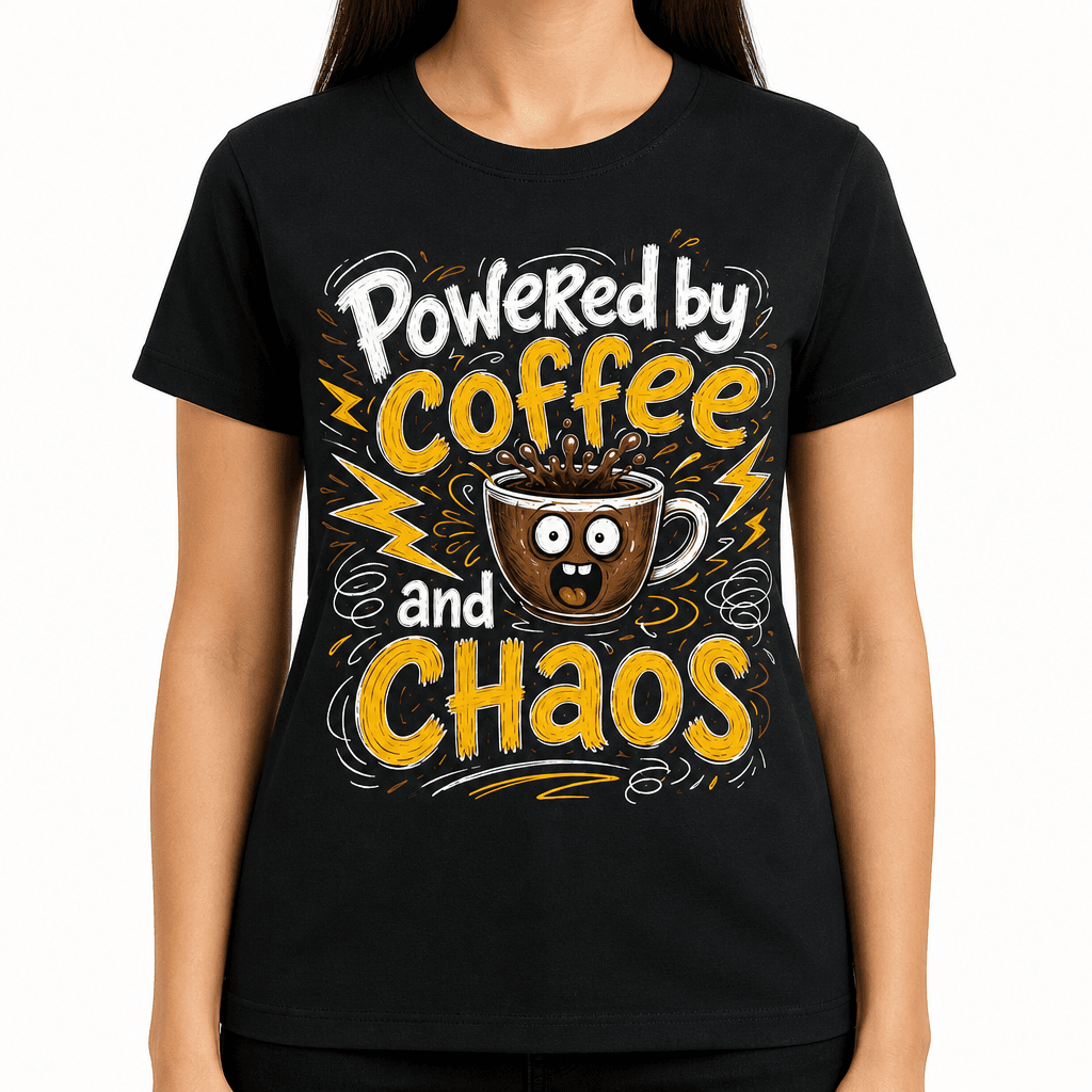 Funny Coffee T-Shirt - Powered by coffee and chaos