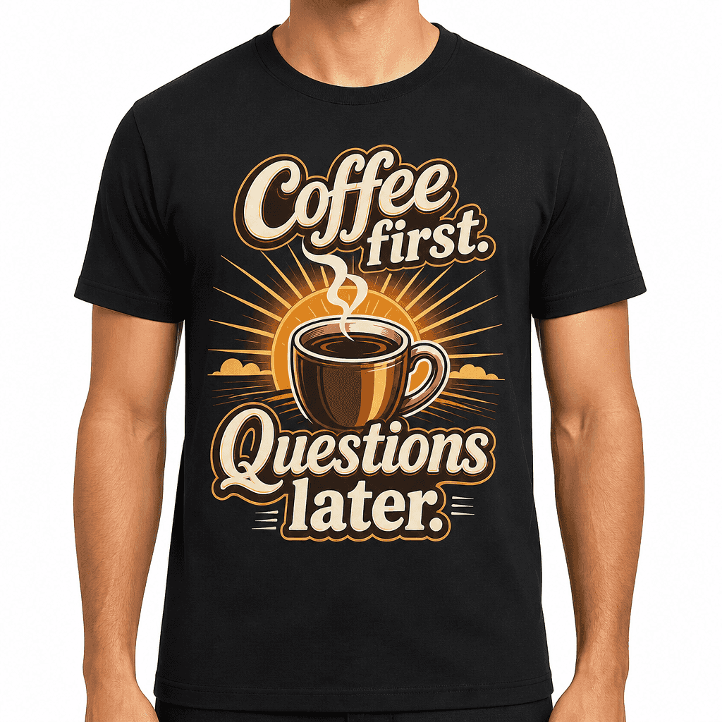 Funny Coffee T-Shirt - Coffee first. Questions later.