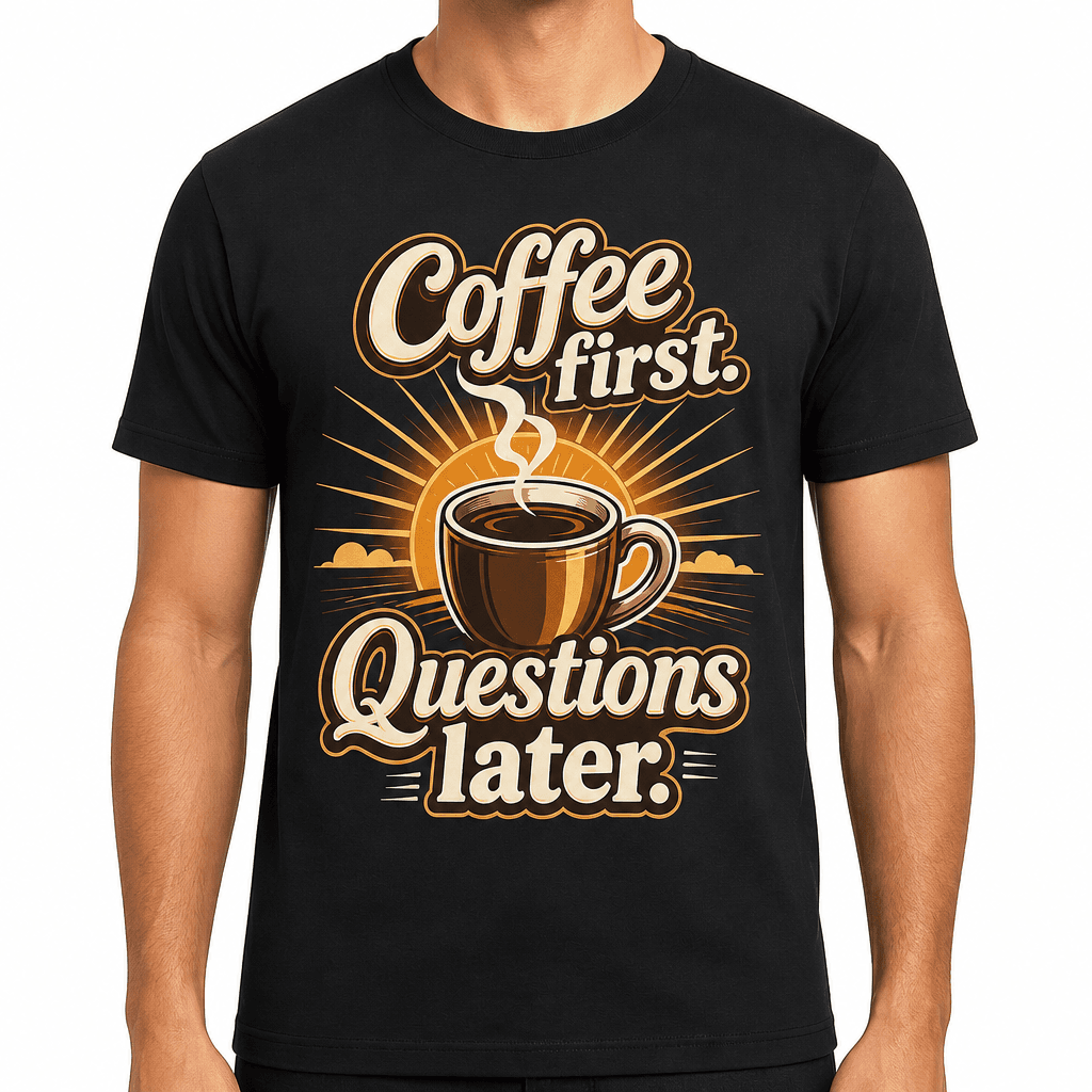 Funny Coffee T-Shirt - Coffee first. Questions later.
