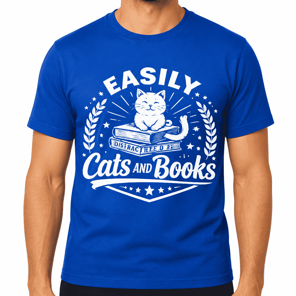 Easily Distracted By Cats And Books Funny T-Shirt