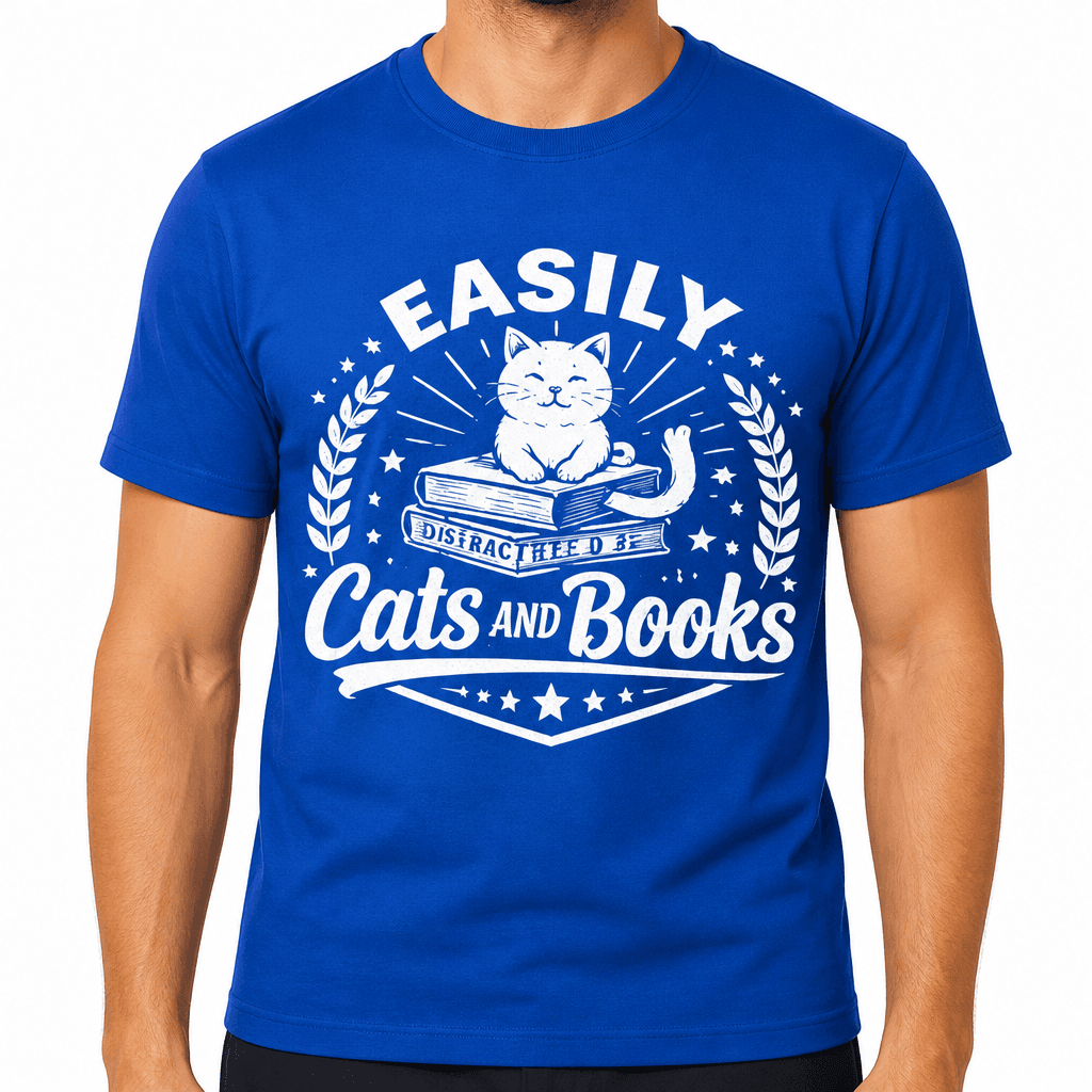 Easily Distracted By Cats And Books Funny T-Shirt