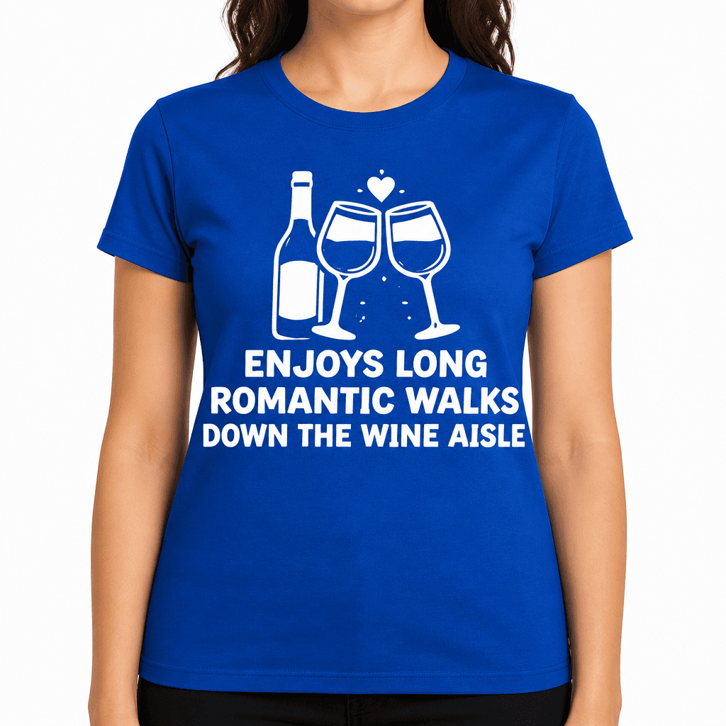 Enjoys Long Romantic Walks Down The Wine Aisle Funny T-Shirt