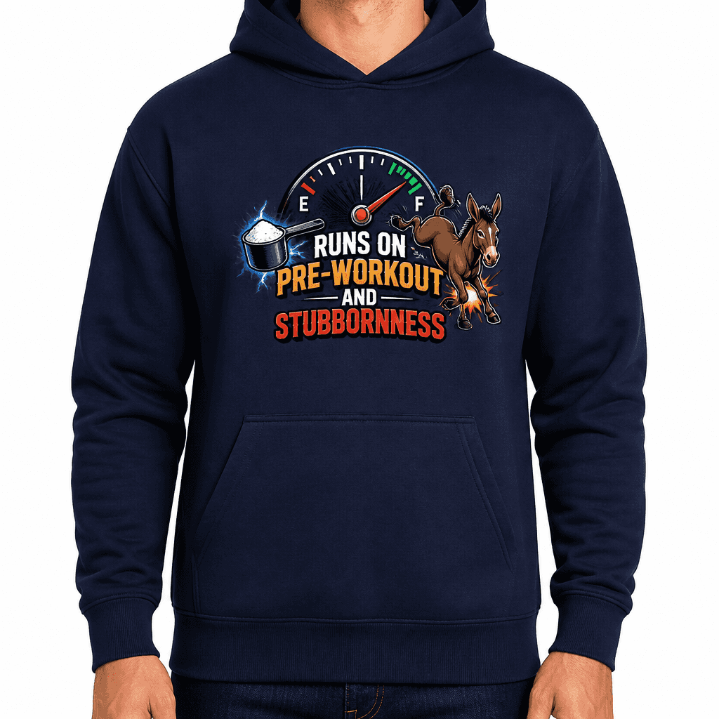 Funny Gym Hoodie - Runs on pre-workout and stubbornness