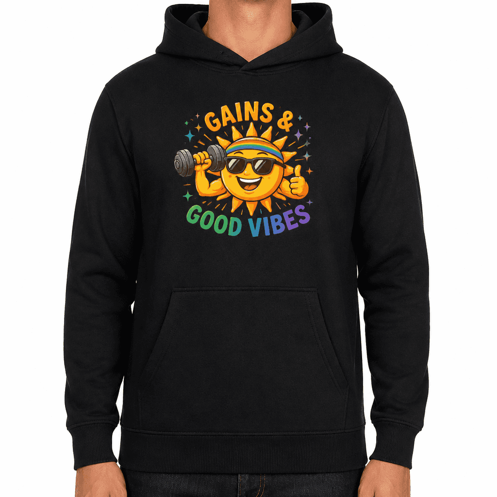 Funny Gym Hoodie - Gains & good vibes