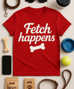 Playful Fetch Happens T-shirt for Dog Lovers and Pet Enthusiasts.