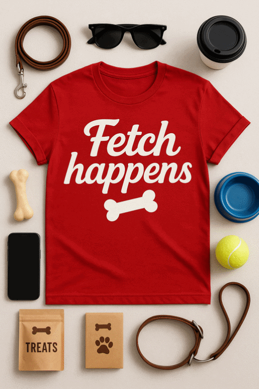 Playful Fetch Happens T-shirt for Dog Lovers and Pet Enthusiasts.