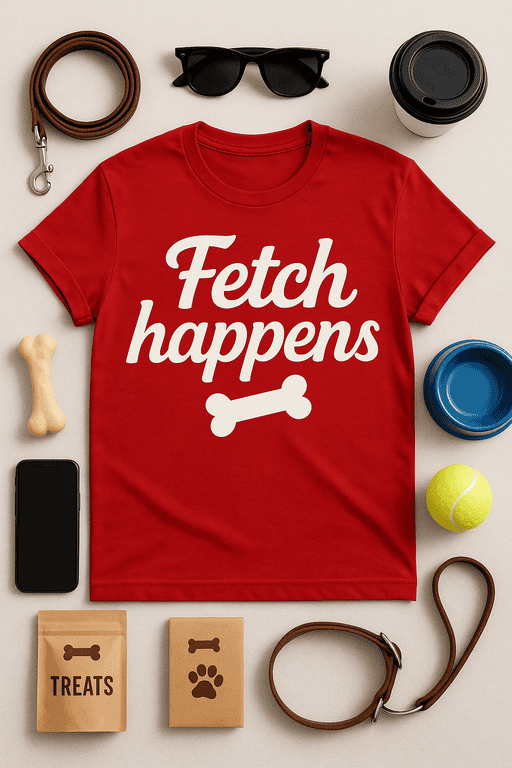 Playful Fetch Happens T-shirt for Dog Lovers and Pet Enthusiasts.