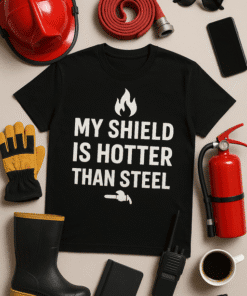 Firefighter T-shirt with humorous safety slogan, perfect for fire rescue uniforms and apparel.