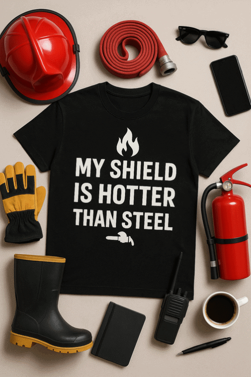 Firefighter T-shirt with humorous safety slogan, perfect for fire rescue uniforms and apparel.