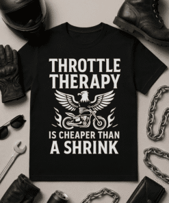 1. Motorcycle throttle therapy graphic t-shirt with eagle and bike design.