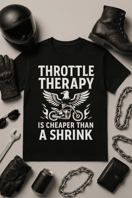 1. Motorcycle throttle therapy graphic t-shirt with eagle and bike design.