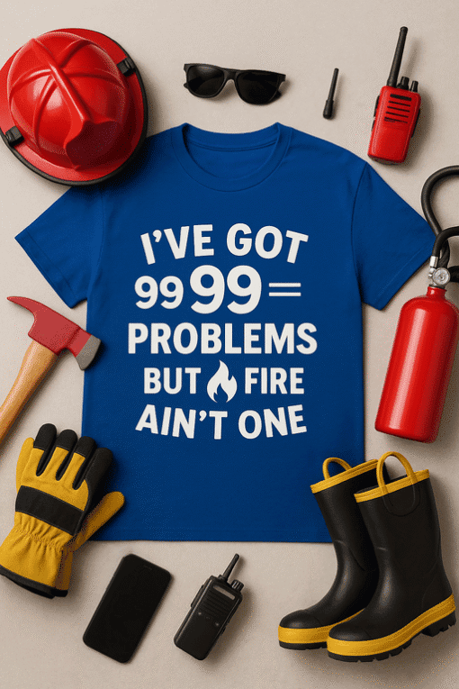 Construction safety shirt with firefighting tools and safety gear, emergency equipment, and workwear.