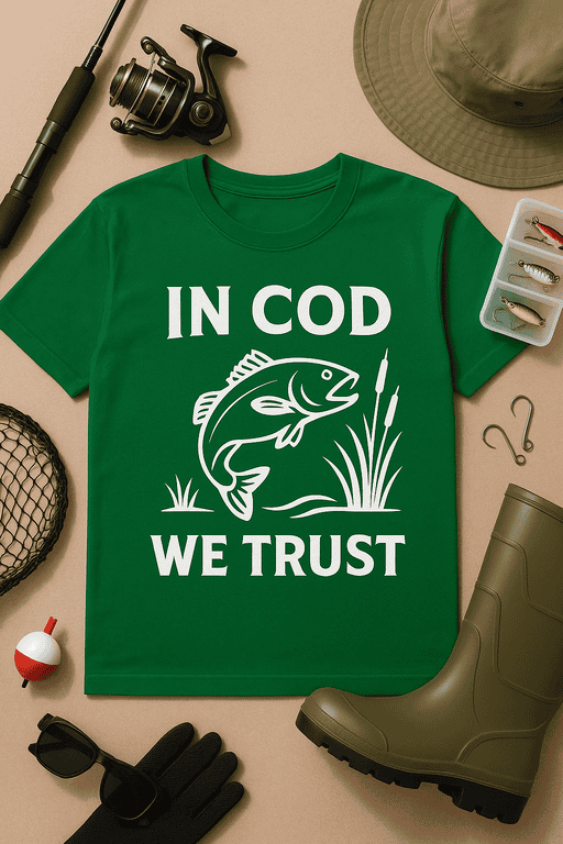 Fishing T-shirt - In Cod We Trust, fun fishing graphic for anglers and fishing lovers.