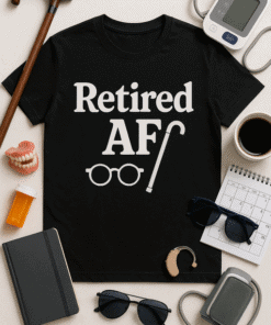 Retired AF t-shirt with glasses design for stylish retirees and funny senior gift ideas.