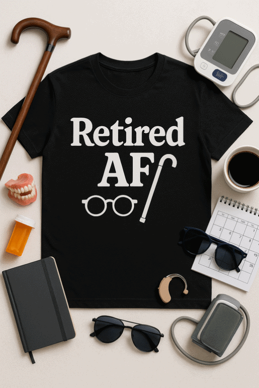 Retired AF t-shirt with glasses design for stylish retirees and funny senior gift ideas.