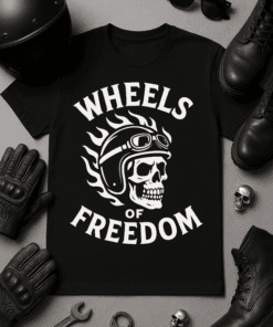 Skull motorcycle helmet t-shirt with Wheels of Freedom slogan for biker fashion.