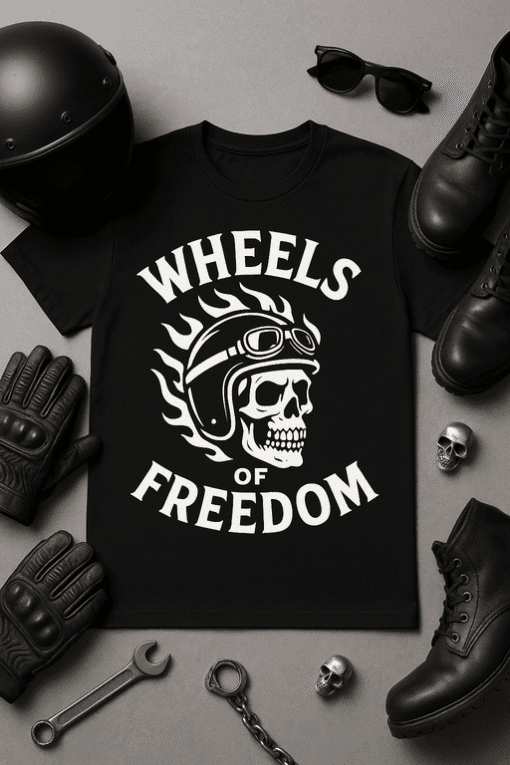 Skull motorcycle helmet t-shirt with Wheels of Freedom slogan for biker fashion.