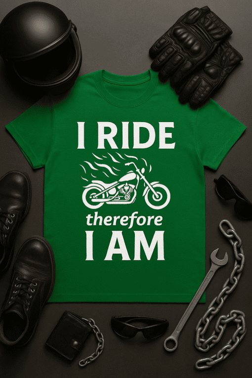 I ride therefore I am motorcycle T-shirt, motorcycle lover gift, biker humor apparel, motorcycle riding quote, casual biker t-shirt.