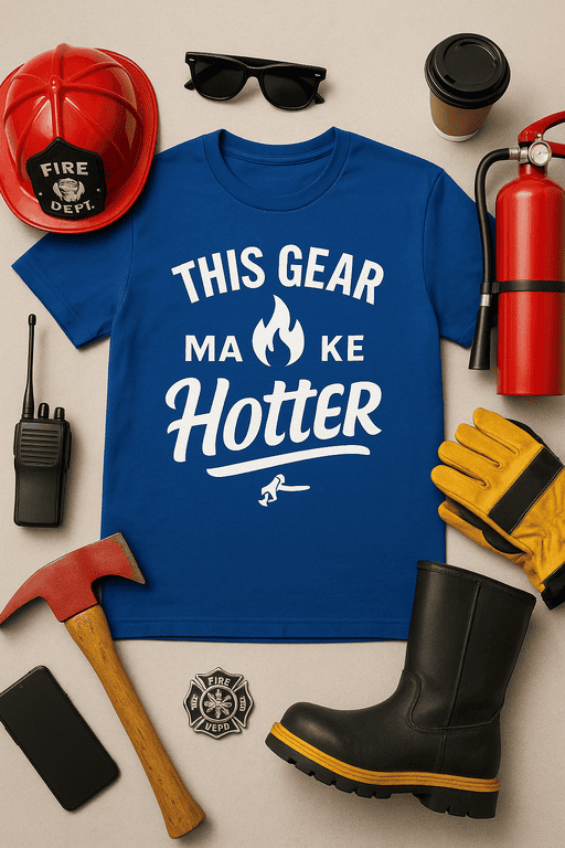 Fire safety gear, firefighter helmet, fire extinguisher, boots, gloves, and T-shirt with safety message.