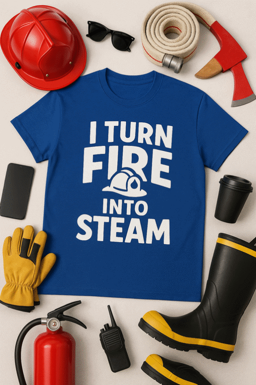 Firefighter t-shirt with helmet, gloves, boots, and safety gear for firefighters and fire safety professionals.