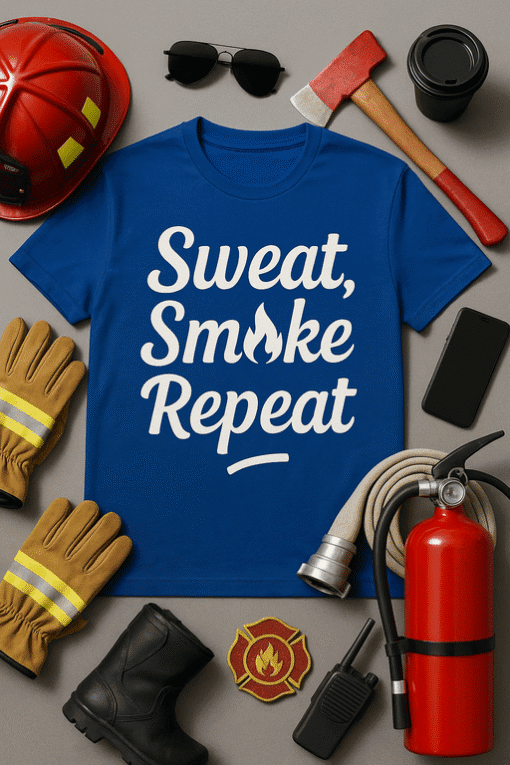 Sweat smoke repeat t-shirt for firefighters or safety enthusiasts.