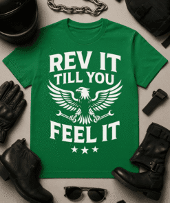 REV IT TILL YOU FEEL IT slogan T-shirt, motorcycle-inspired casual wear.