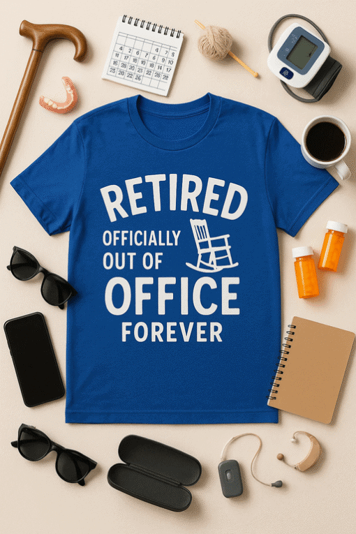 Retired humorous T-shirt with rocking chair design, perfect for retiree gift or fun casual wear.