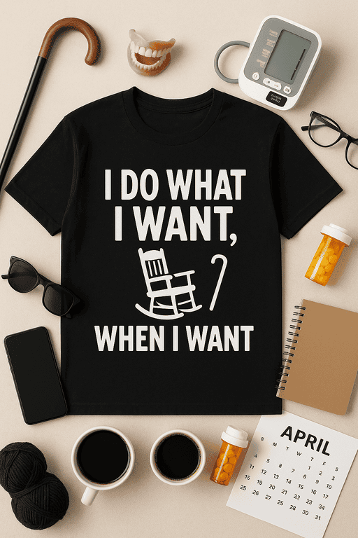 Relaxed funny T-shirt with rocking chair illustration and quote about personal freedom.