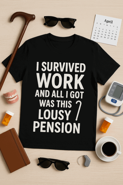 Survived work with funny pun T-shirt, perfect for office humor and casual wear.