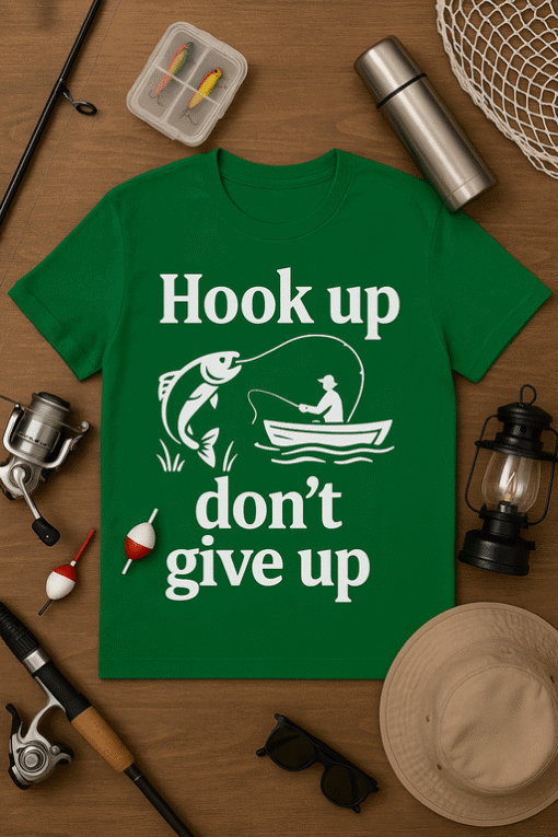 Hook up fishing t-shirt with fisherman design, casual fishing apparel for men and women, perfect gift for anglers.