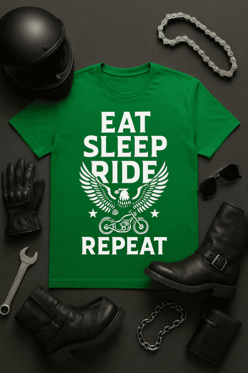 EAT SLEEP RIDE REPEAT motorcycle t-shirt for bikers and motorcycle enthusiasts.