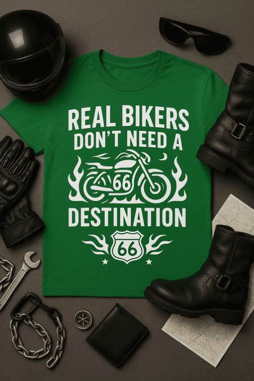 1. Biker-themed green T-shirt with "Real bikers don't need a destination" slogan and Route 66 design.