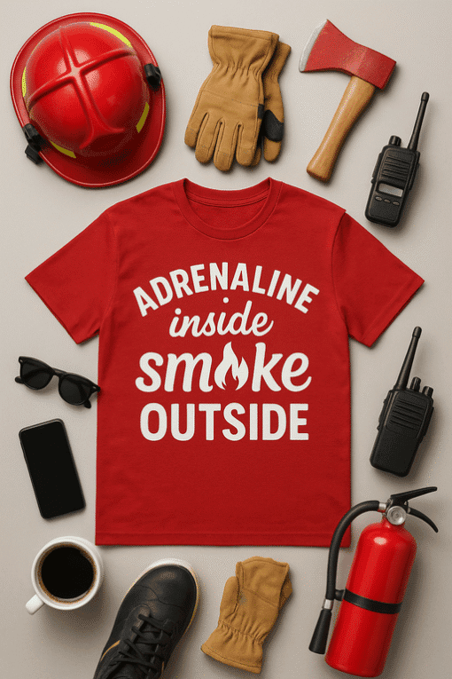 1. Firefighter safety gear with fire helmet, gloves, axe, radio, and fire extinguisher on gray background.