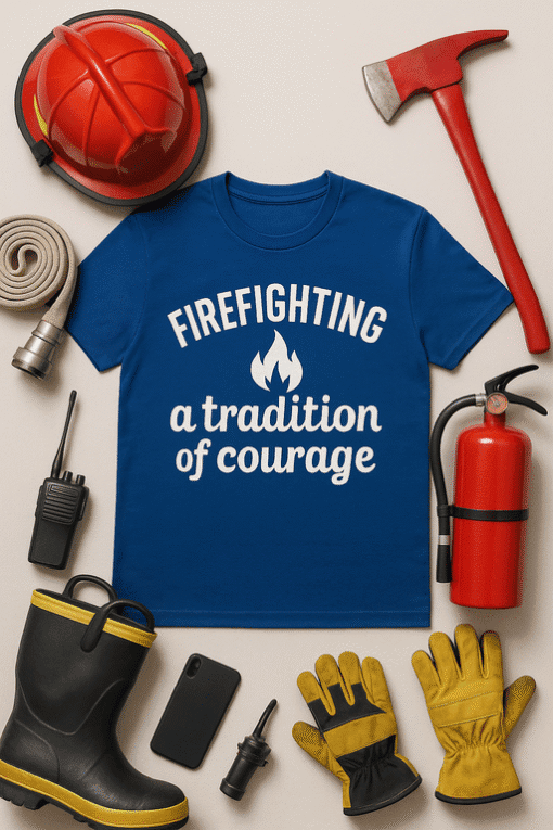 Firefighter t-shirt with courage message, safety helmet, axe, fire extinguisher, and gear. Perfect for firefighter apparel and apparel printing.