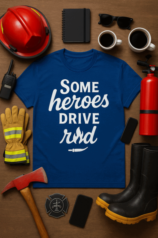 Firefighter t-shirt with rescue theme, emergency gear, and work tools.