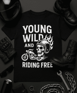 1. Skull motorcycle t-shirt with flames, biker accessories, and riding gear, young wild and free style.