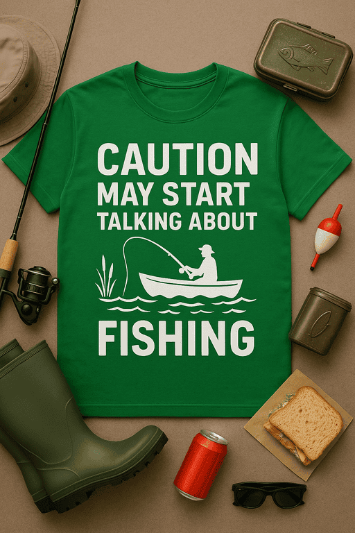 Caution May Start Talking About Fishing T-shirt, fishing humor tee for anglers and fishing enthusiasts.