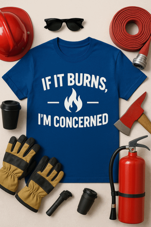 Firefighter safety T-shirt with humorous warning message for fire prevention awareness.
