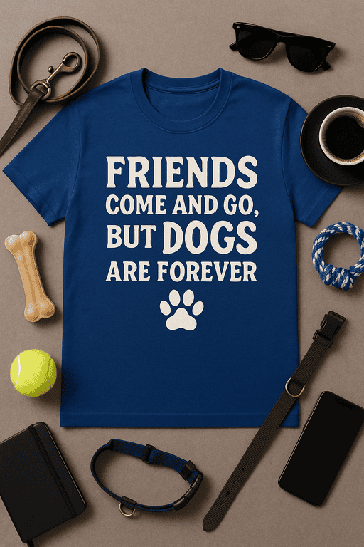 Comfortable dog-themed t-shirt with humorous friends and dogs quote, casual style.